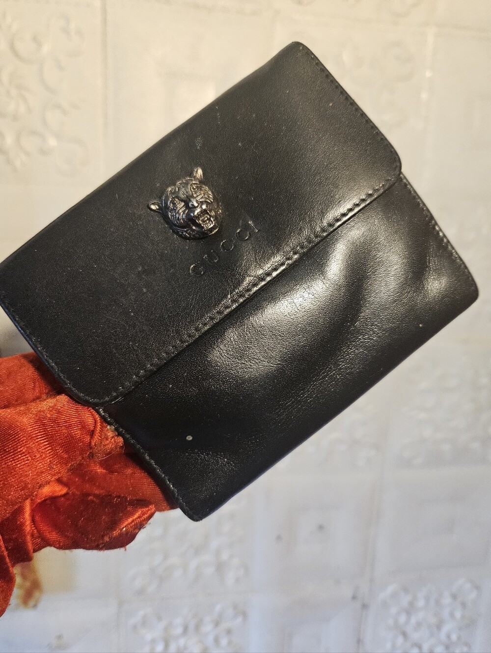 Gucci Animalier Tiger Head Black Leather Wallet Compact Tri-Fold AUTHENTIC